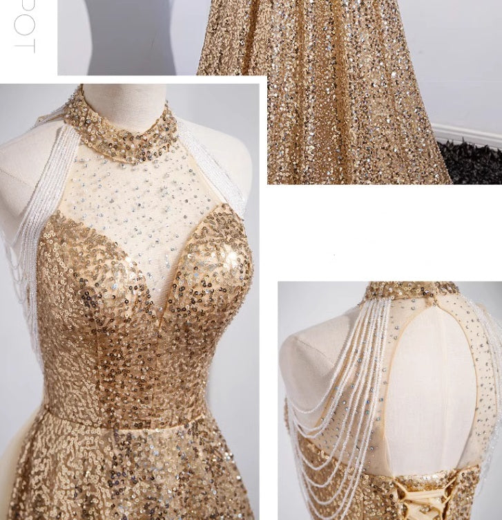 Robe de soirée dorée pour femme sénior, ambiance haut de gamme