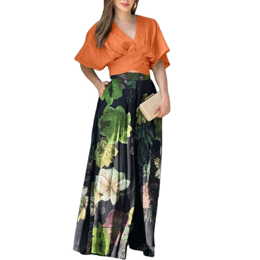 Women's Summer Printed Two-Piece Suit Short Sleeve Top & Pocket Trousers