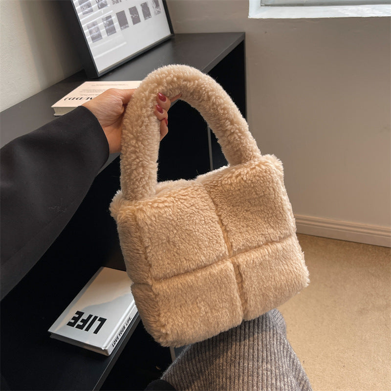 Sac fourre-tout portable en peluche grande capacité pour femme 22,5x20x10cm
