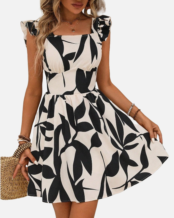 Printed Lace-Up Backless Frill Holiday Dress