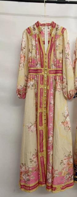 Robe imprimée à manches lanternes simple boutonnage en coton et lin