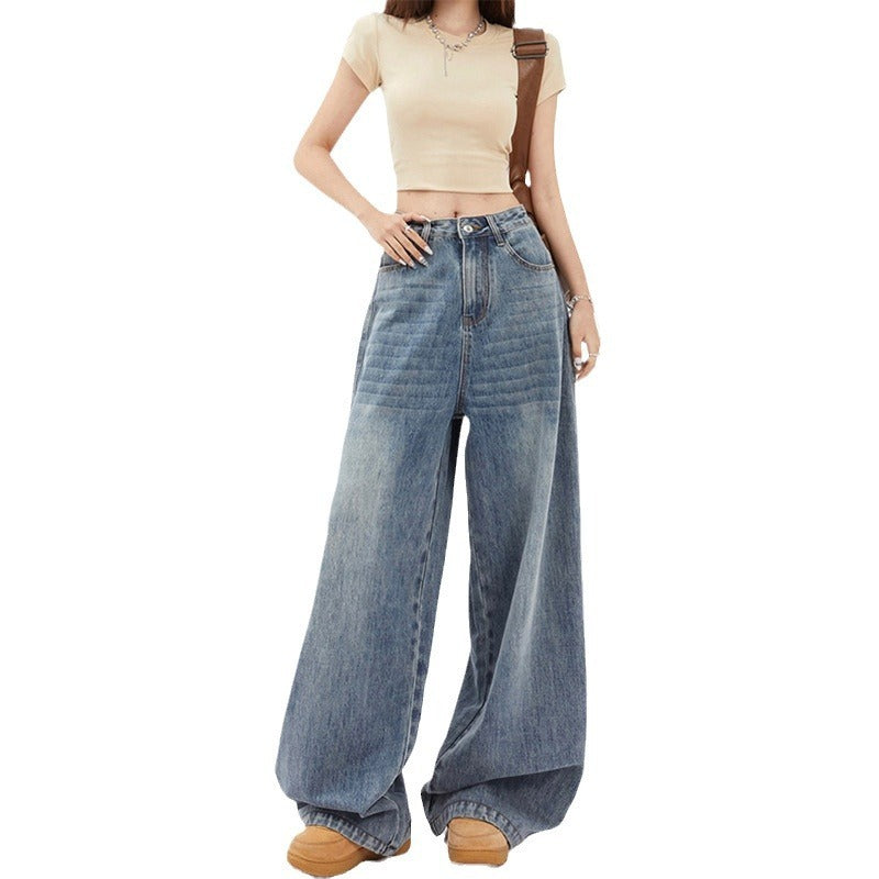 Jean large taille haute rétro bleu ample pour femme