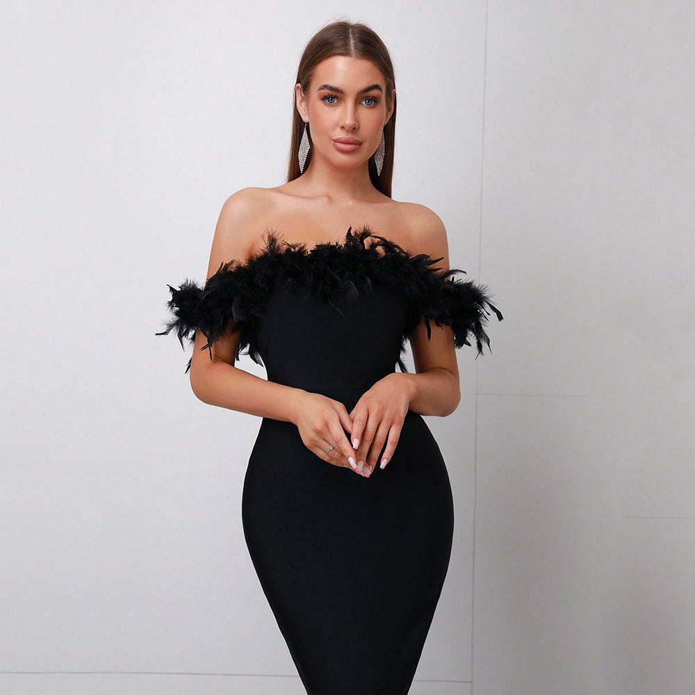 Off-Neck Feather Mid-Length Dress for Women