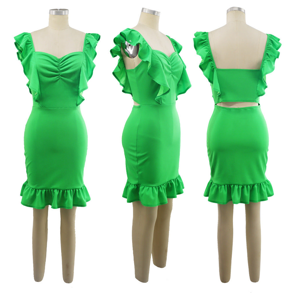 Elegant High Waist Temperament Slim Fit Wooden Ear Hip Bag Dress