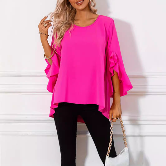 Solid Color Round Neck Shoulder Ruffle Sleeve Top