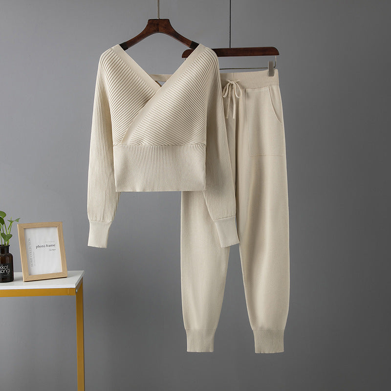 Sexy V-Neck Sweater and Casual Sports Pants Two-Piece Set for Women