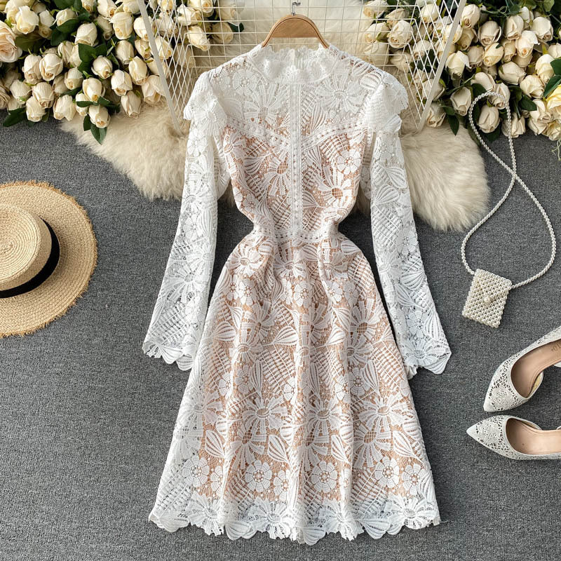 Celebrity Style Temperament Dress Scheming Hollow Lace
