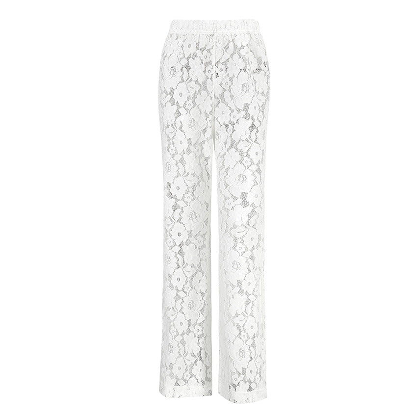 White Cotton Lace Jacquard See-Through High Waist Flared Pants