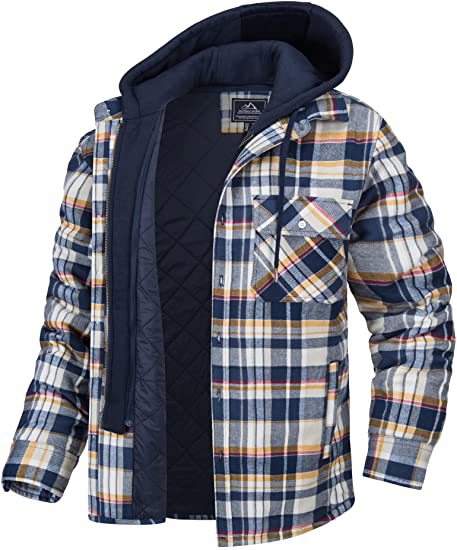 Men's Plaid Hooded Winter Coat Thick Padded Button Zip-Up Jacket Casual Outerwear