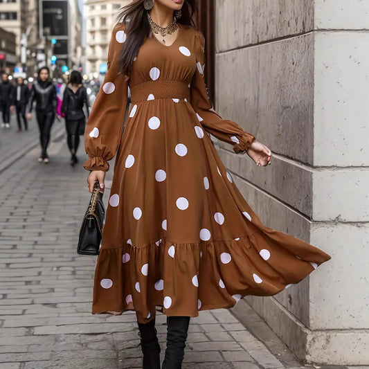 V-neck Long Sleeve Ruffled Hem Dress