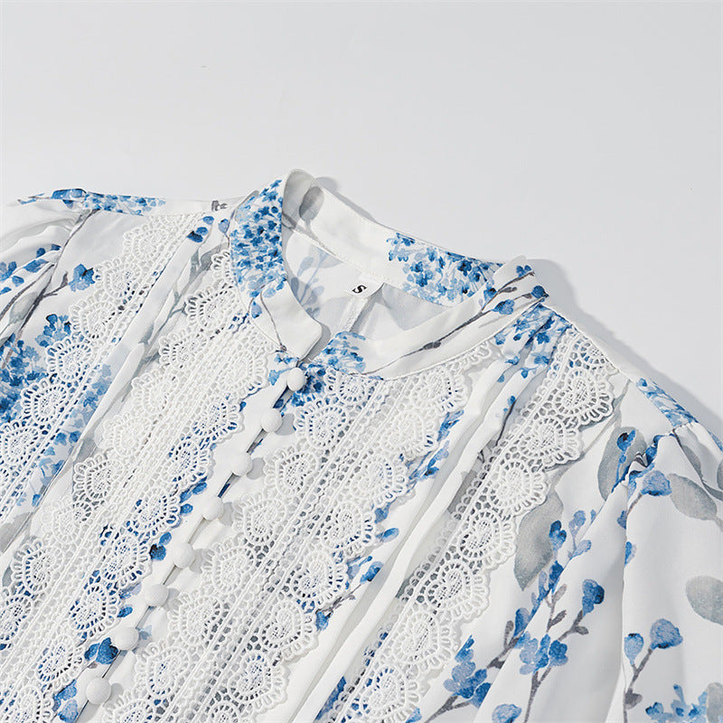 Blue And White Printed Stand Collar Puff Sleeve Long Sleeve Ruffled Dress