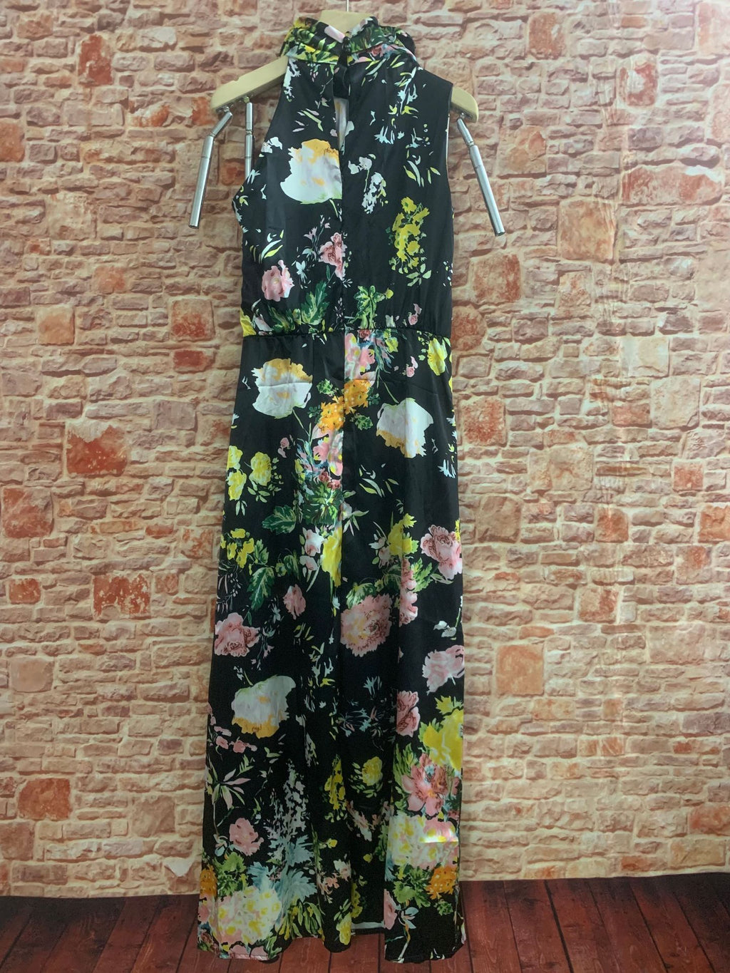 Robe en satin sans manches à taille haute et col licou avec imprimé floral pour femme