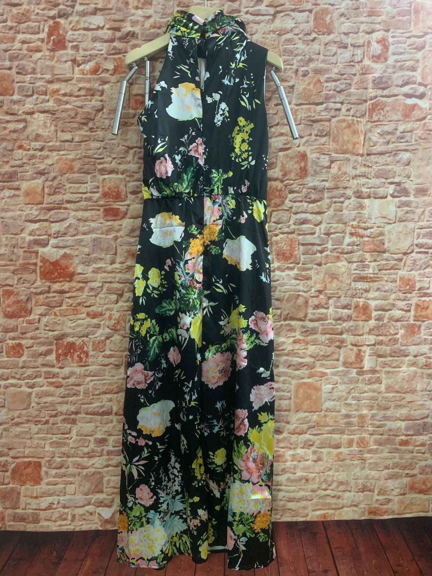 Robe en satin sans manches à taille haute et col licou avec imprimé floral pour femme