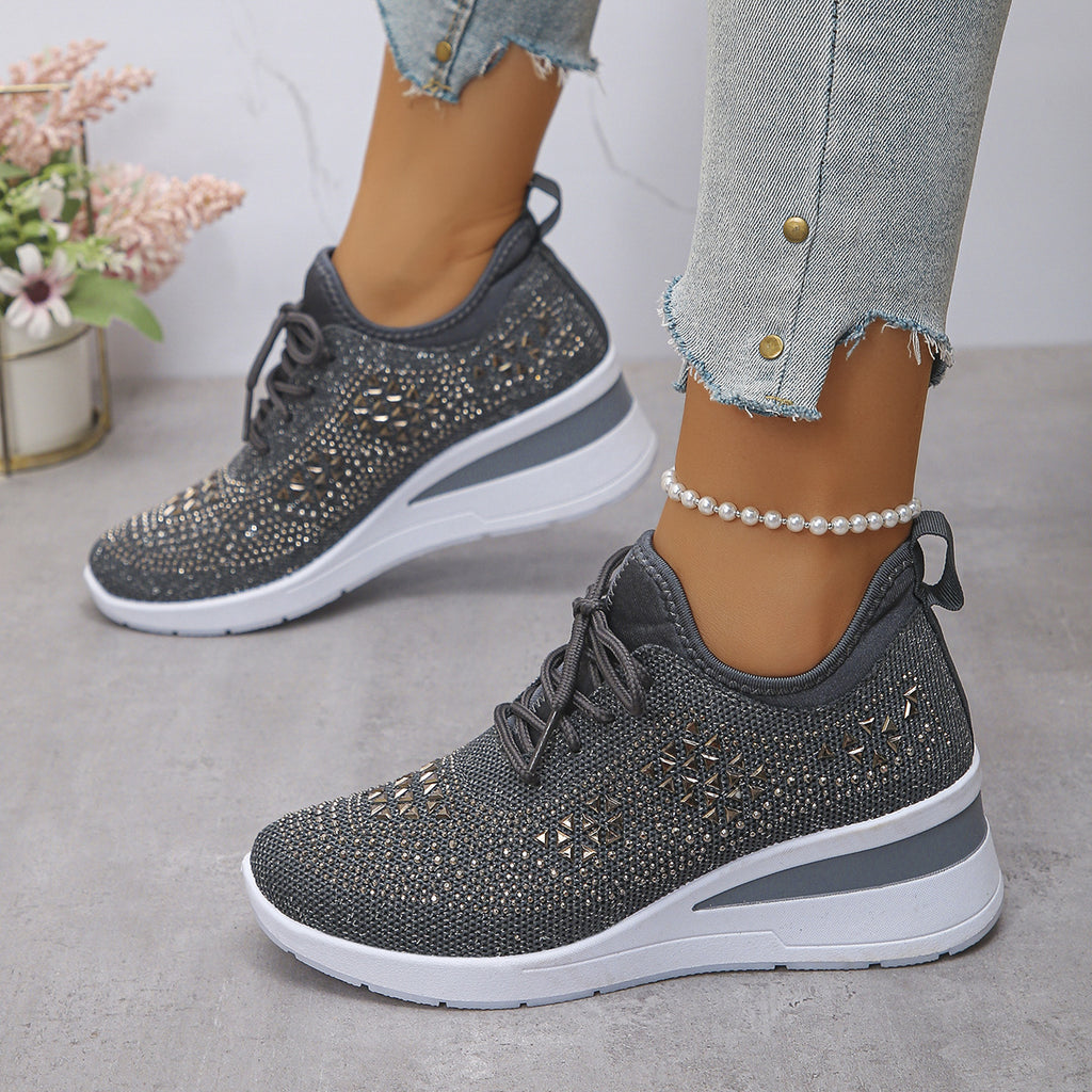 Baskets compensées à lacets Ins Rhinestone pour femmes Chaussures de sport décontractées