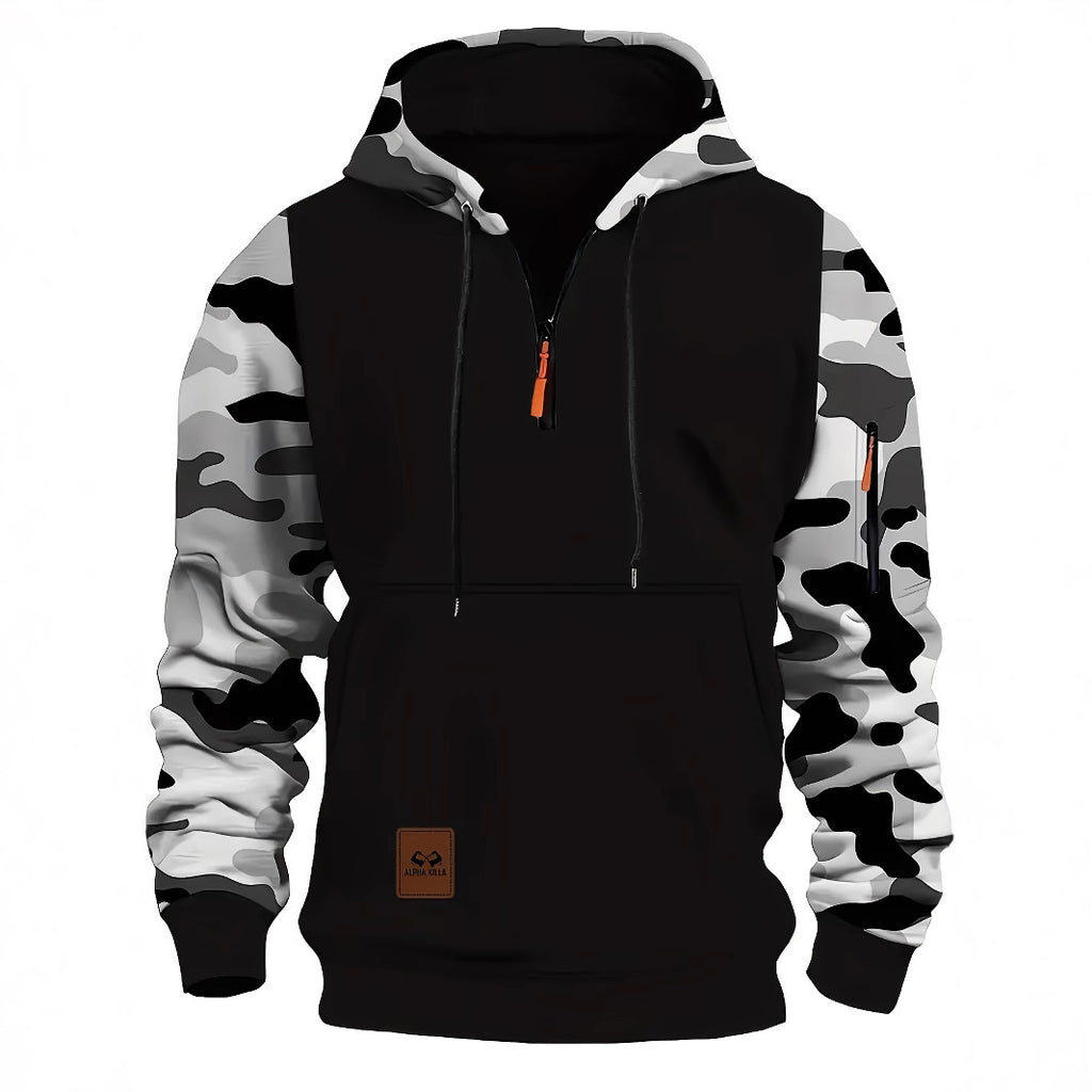 Sweat-shirt à capuche zippé vintage pour homme avec coutures et motif camouflage