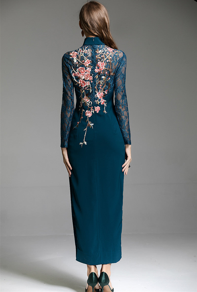 Elegant Chinese Style Embroidered Flower Long Cheongsam Dress XXL