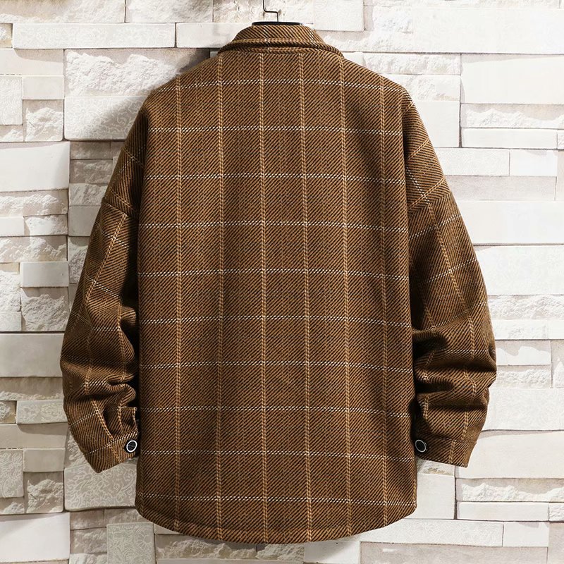 Men's Woolen Plaid Trench Coat Single Breasted Lapel Collar