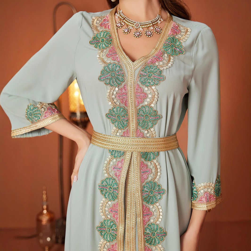 New Bean Green False Two-piece Patchwork Lace Embroidered Lace V-neck Dress for Arabian Women
