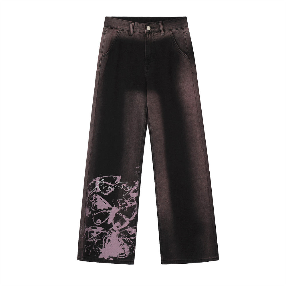 Men's Inkjet Gradient Wide Leg Denim Trousers Hip Hop Style