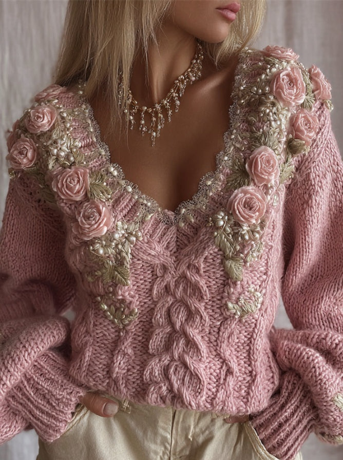 Womens Loose V-Neck Polyester 3D Effect Sweater