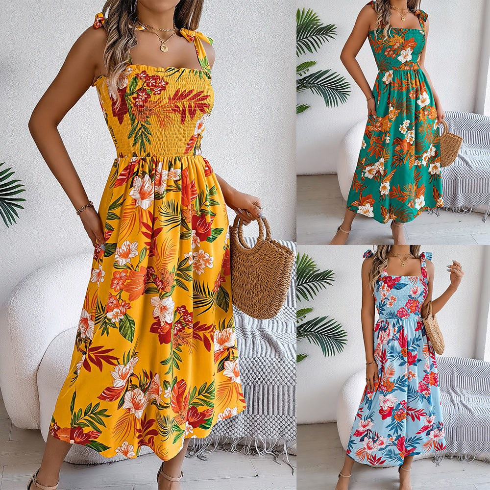 Floral Print Suspender Corset Dress Sleeveless High-Waist Summer Beach Dress for Women