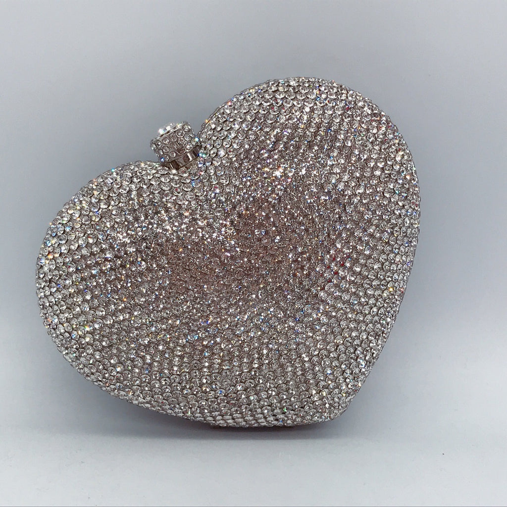Pochette de Soirée Cœur en Cristal et Diamants – Rouge et Argent, 14x12x5cm