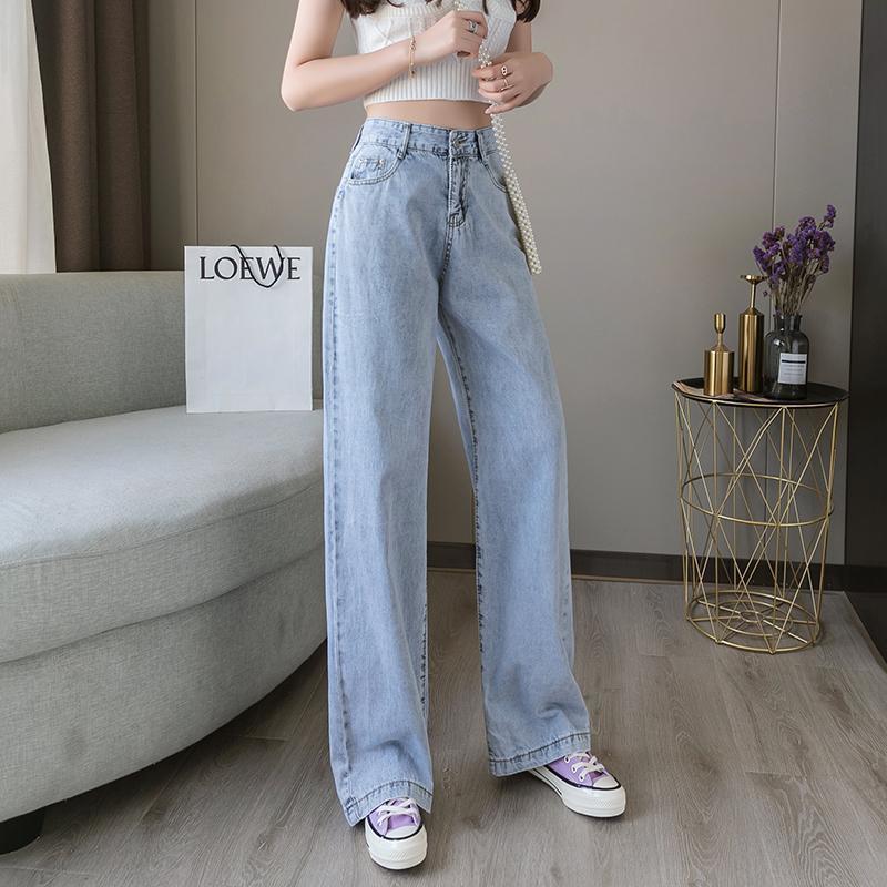 High-Waisted Blue Cotton Straight & Wide-Leg Pants Loose Fit