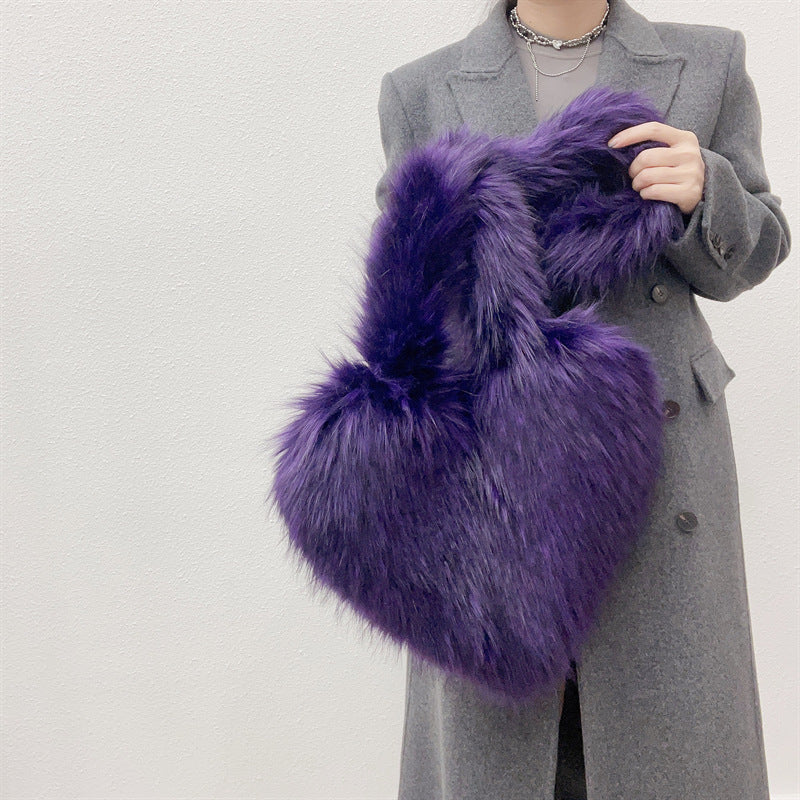 Winter Plush Heart Shape Crossbody Shoulder Bag for Women Large Capacity