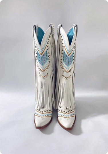 Retro Embroidered Rhinestone Tassel Slip-On Boots for Women