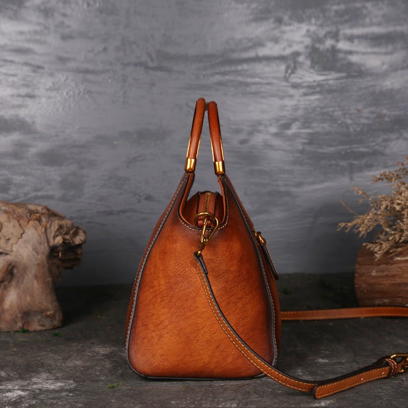 Sac fourre-tout en cuir véritable gaufré avec poignée supérieure motif totem rétro taille moyenne