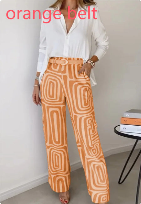 Ensemble chemise décontractée à manches longues et revers pour femme et pantalon ample imprimé