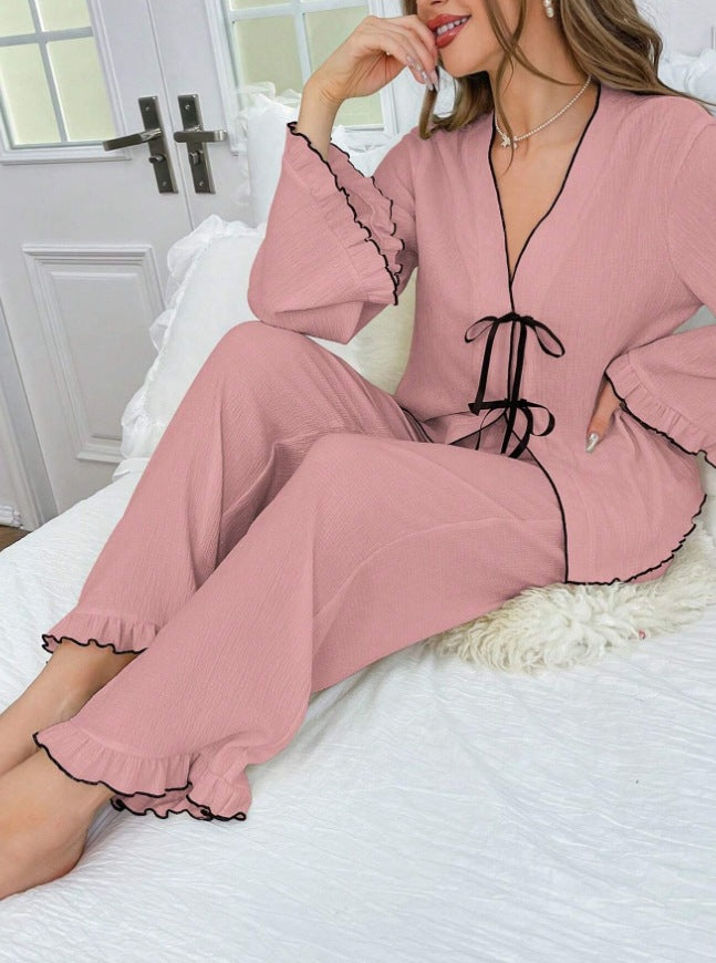 V-Neck Lace-Up Cardigan with Long-Sleeve Pants Set