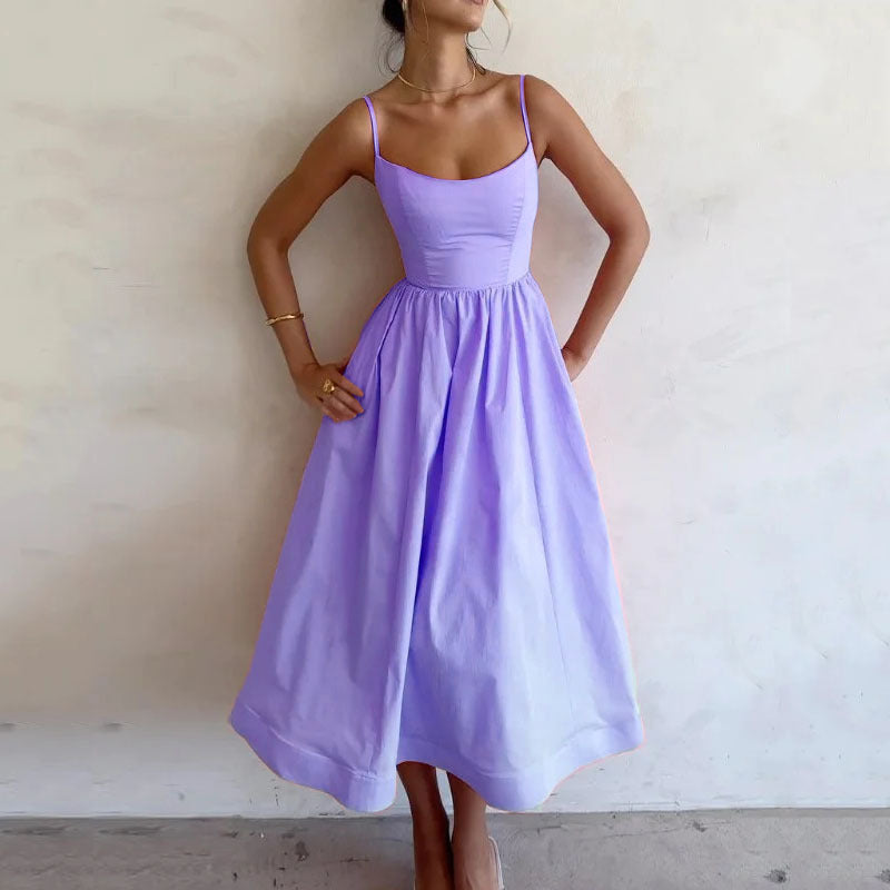 Robe à Bretelles Unie, Douce et Sexy pour Femme en Rose, Blanc, Violet