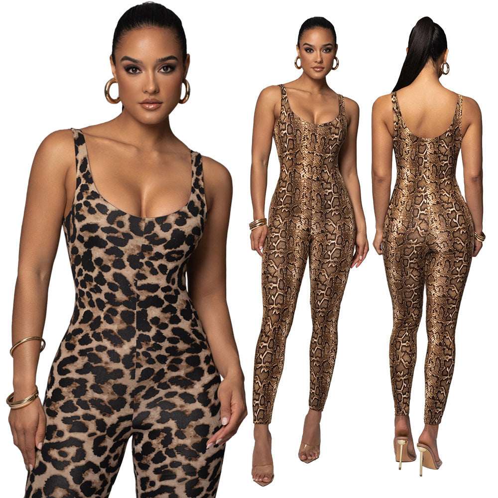 Women's Big U-Neck Sleeveless Printed Jumpsuit