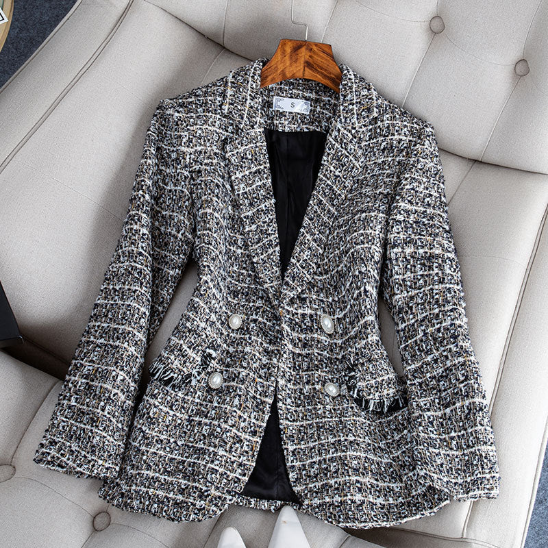 Plaid Tweed Woolen Coat with Pockets - Slim Fit, Blue, Black & Apricot Pink, Sizes S-3XL