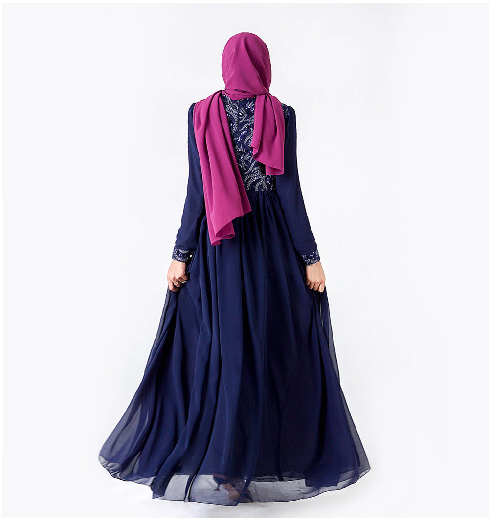 Robe musulmane brodée à manches longues en dentelle à sequins