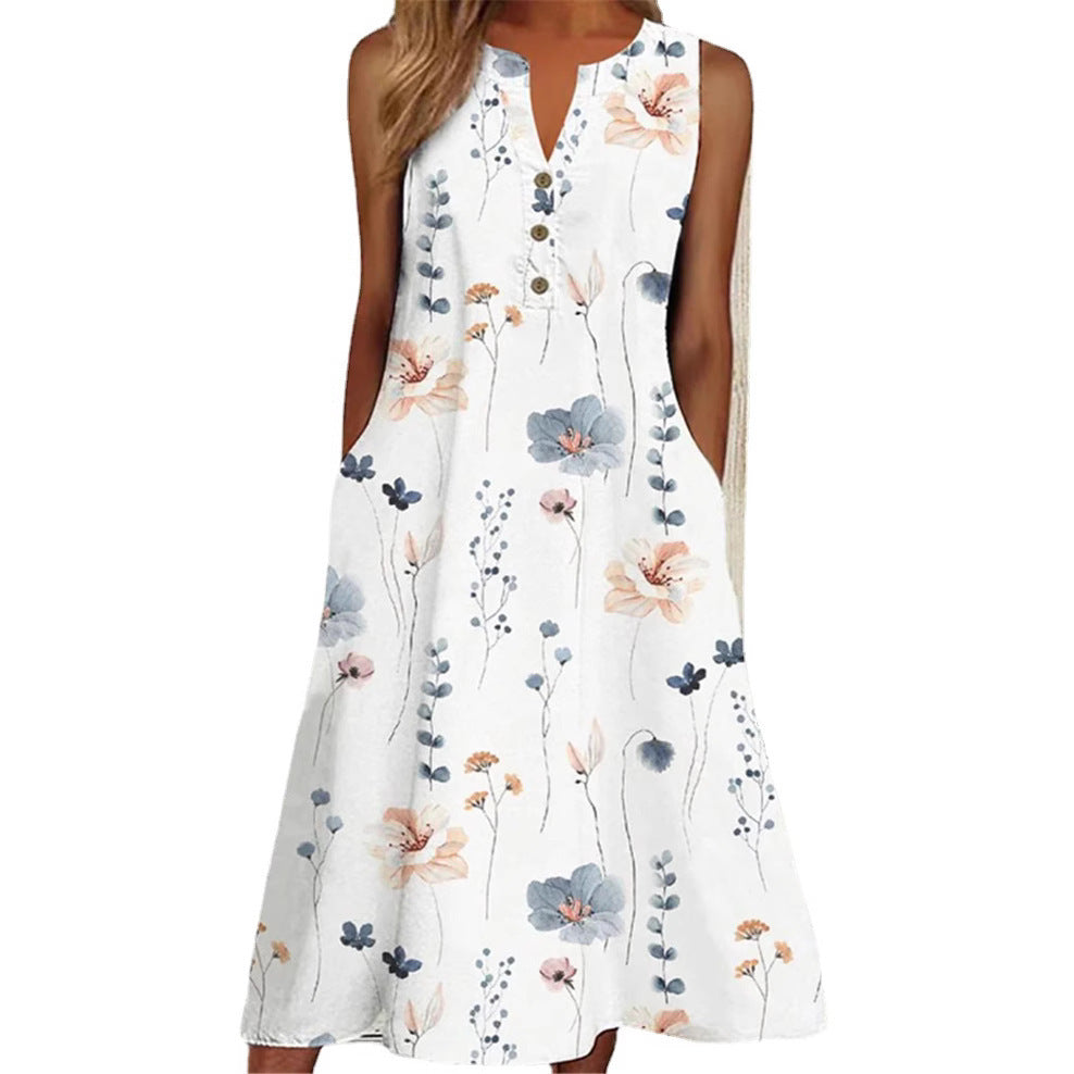 Summer V-Neck Casual Printed Long A-Line Skirt