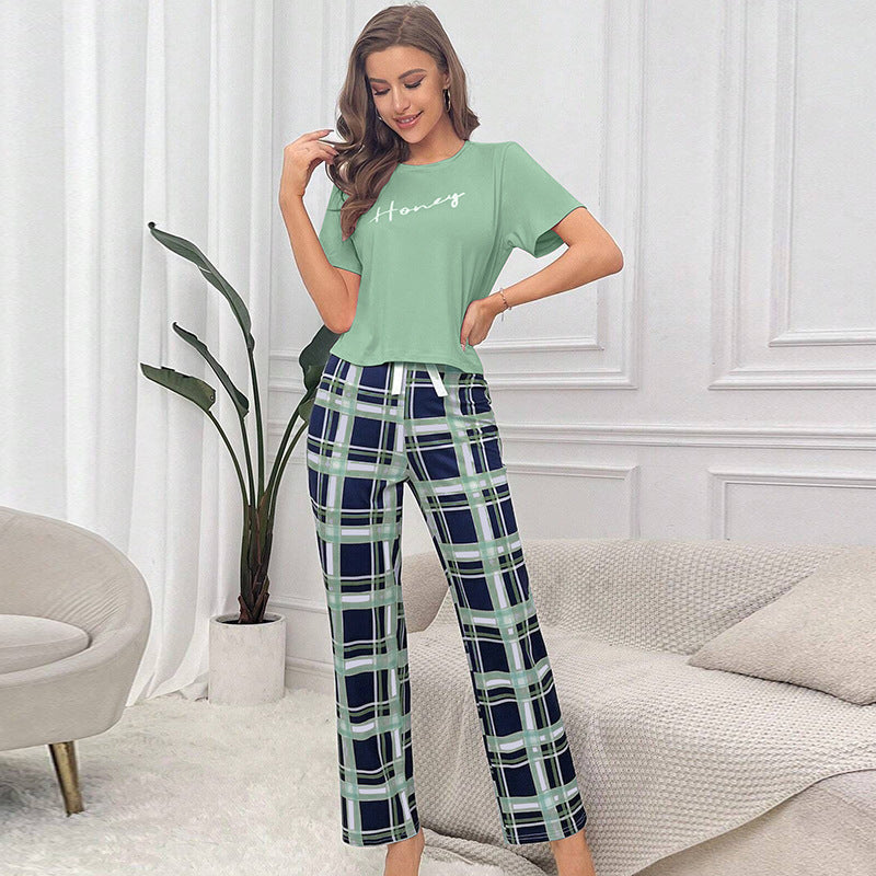 Short Sleeve Plaid Cropped Pants Casual