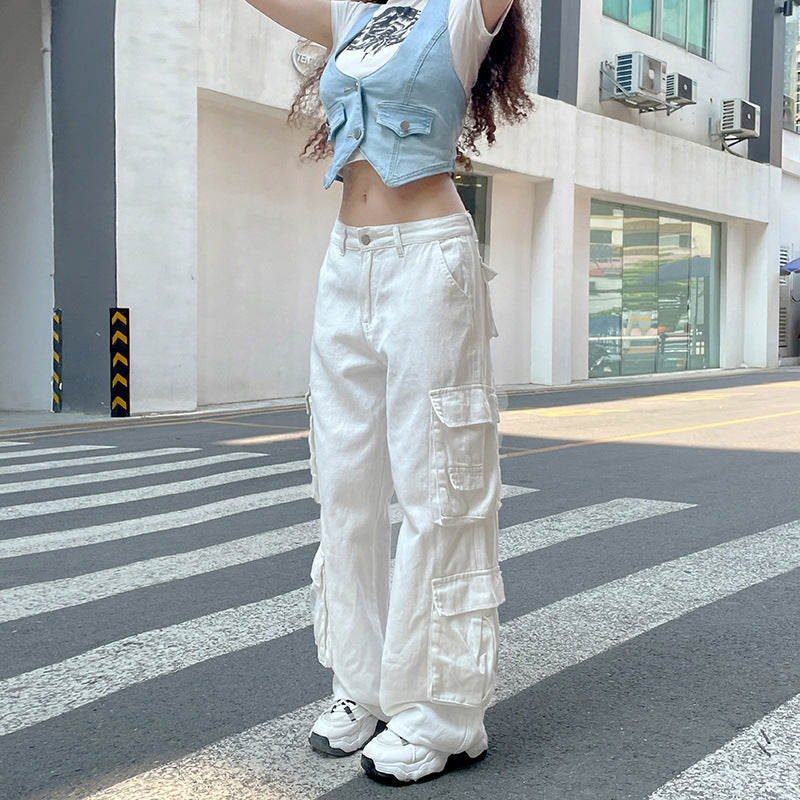 Pantalon décontracté droit en jean blanc taille haute