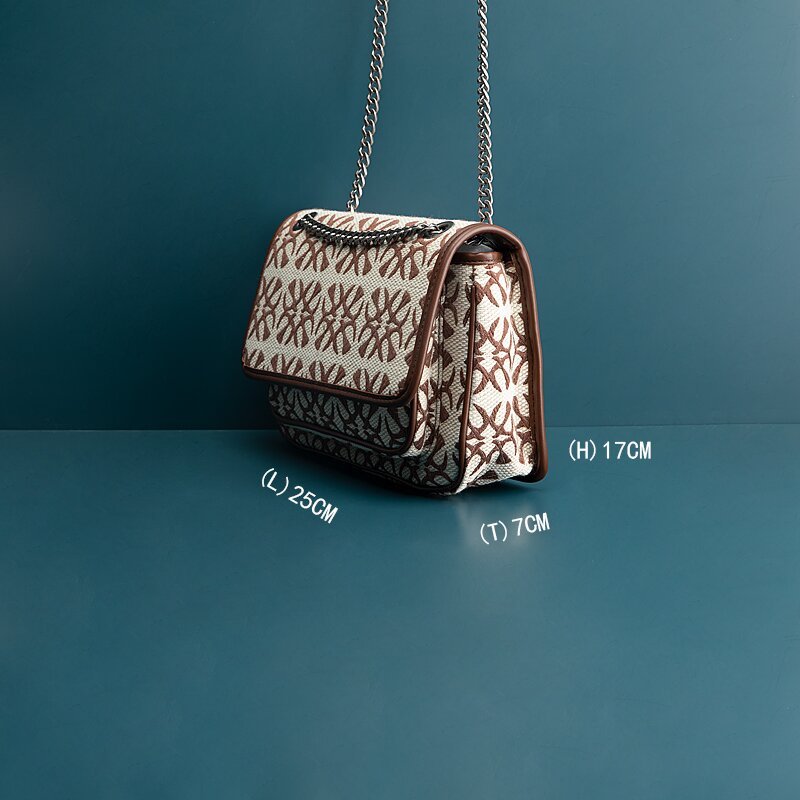 Sac bandoulière double chaîne en cuir de vachette de haute qualité 25cm