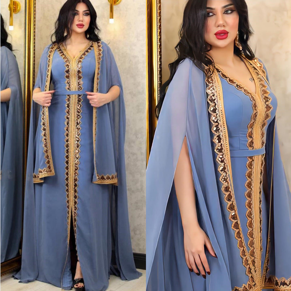 Robe de soirée à cape à sequins pour femmes musulmanes du Moyen-Orient