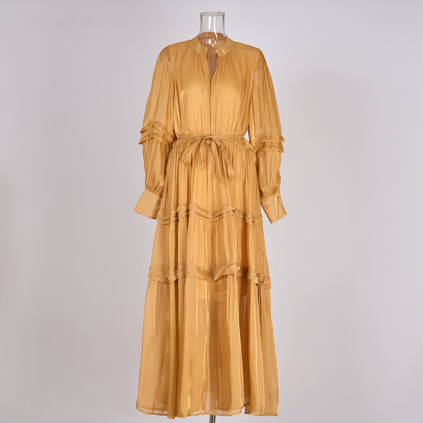 V-neck Lantern Sleeve Fitted Waist Pleated Long Silk Dress