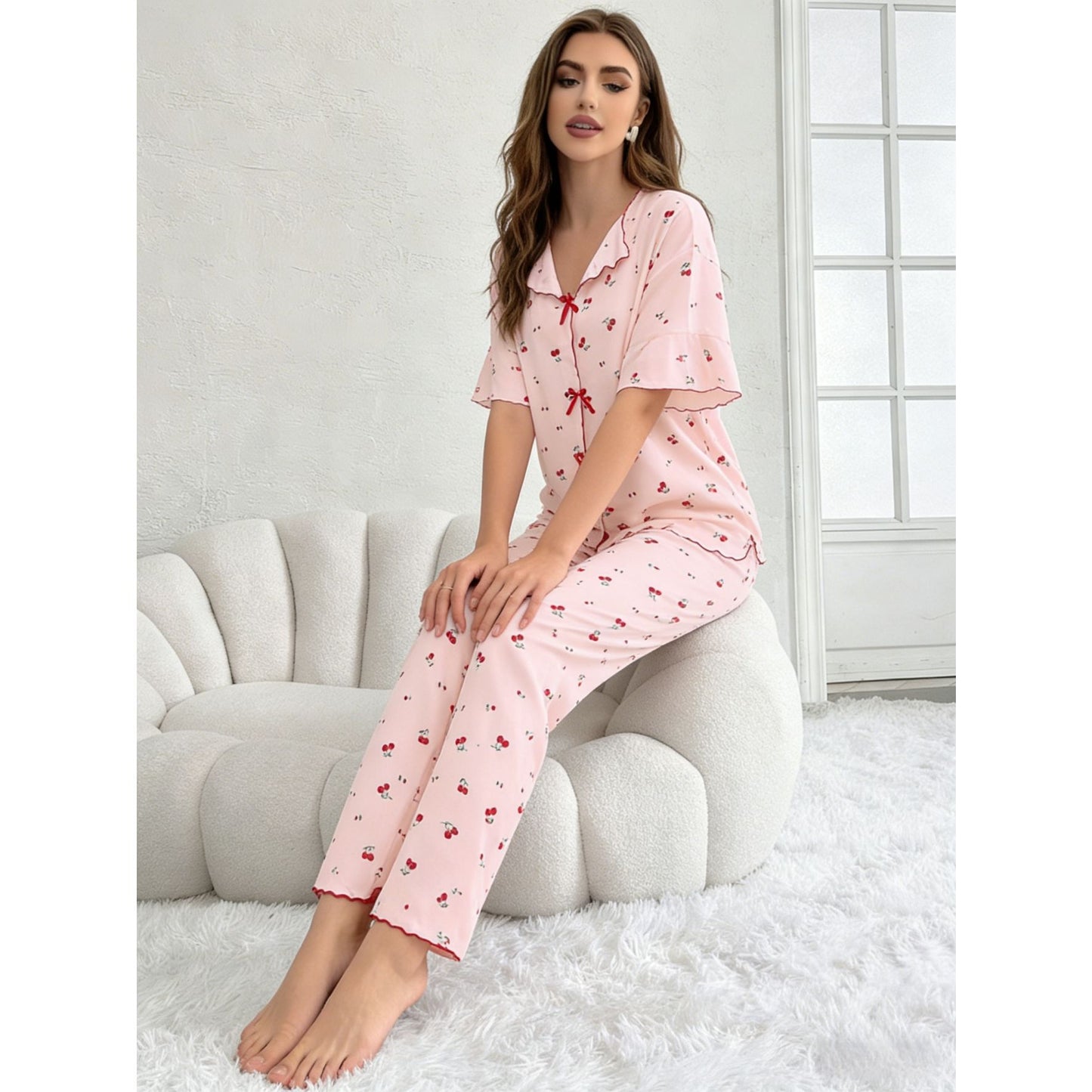 Women's Crew-Neck Cherry-Print Short-Sleeve Top And Pants Set