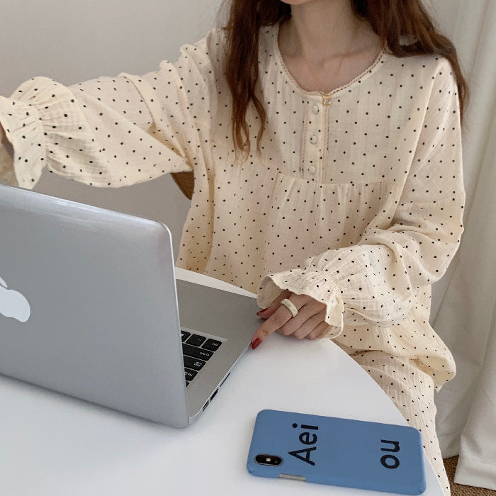 طقم منزلي منقط لطيف بياقة دائرية باللونين البيج والقهوة، مقاسات M-XXL