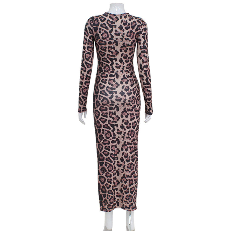 Women's Leopard Print Long Sleeve Round Neck Dress