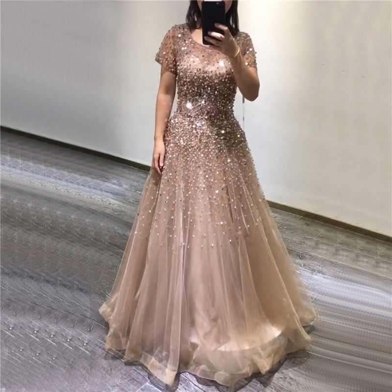 Host Evening Gown Sequin Beading Cocktail Dress in Organza Polyester