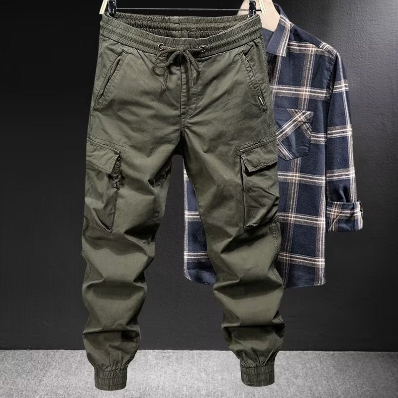 Loose Tapered Solid Color Cotton Overalls with Drawstring