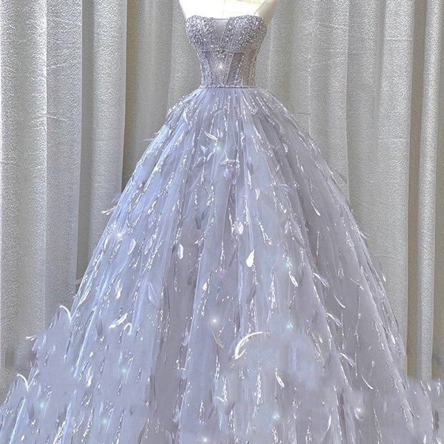 Robe de mariée de luxe haut de gamme, gris-bleu clair, style princesse, pour fiançailles