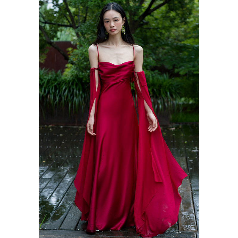 Luxury Senior Sense Acetate Satin Wine Red Bride Wedding Photo Gown Woman
