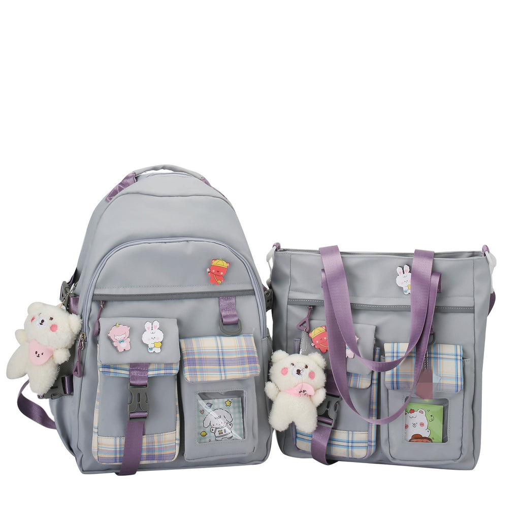 Harajuku Preppy Nylon Backpack Two-Piece Set with Stripes, 33x44x14cm